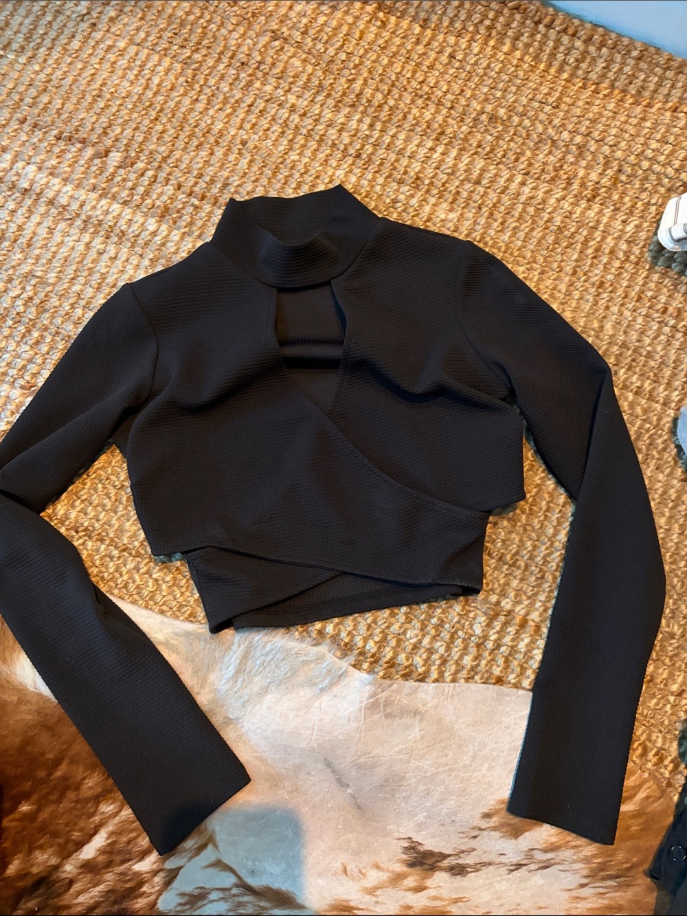 Women's Black Long-Sleeve Cropped Wrap Top with Mock Neck